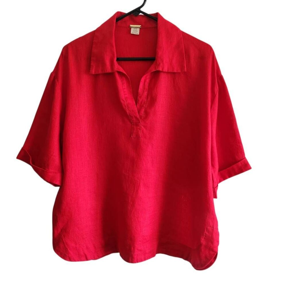 Magaschoni Linen Top Blouse Medium Oversized Boxy Cuffed Sleeve Red Resort Wear
